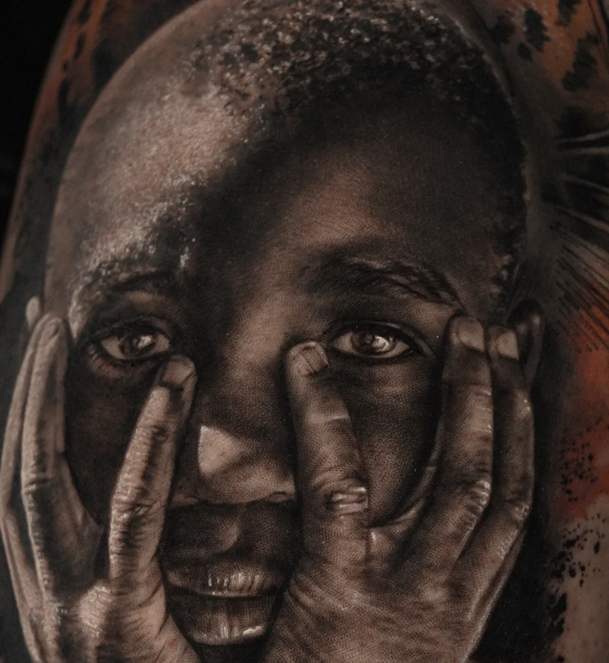 Hyperrealism face portrait with hands tattoo by Ramon Rodrigo