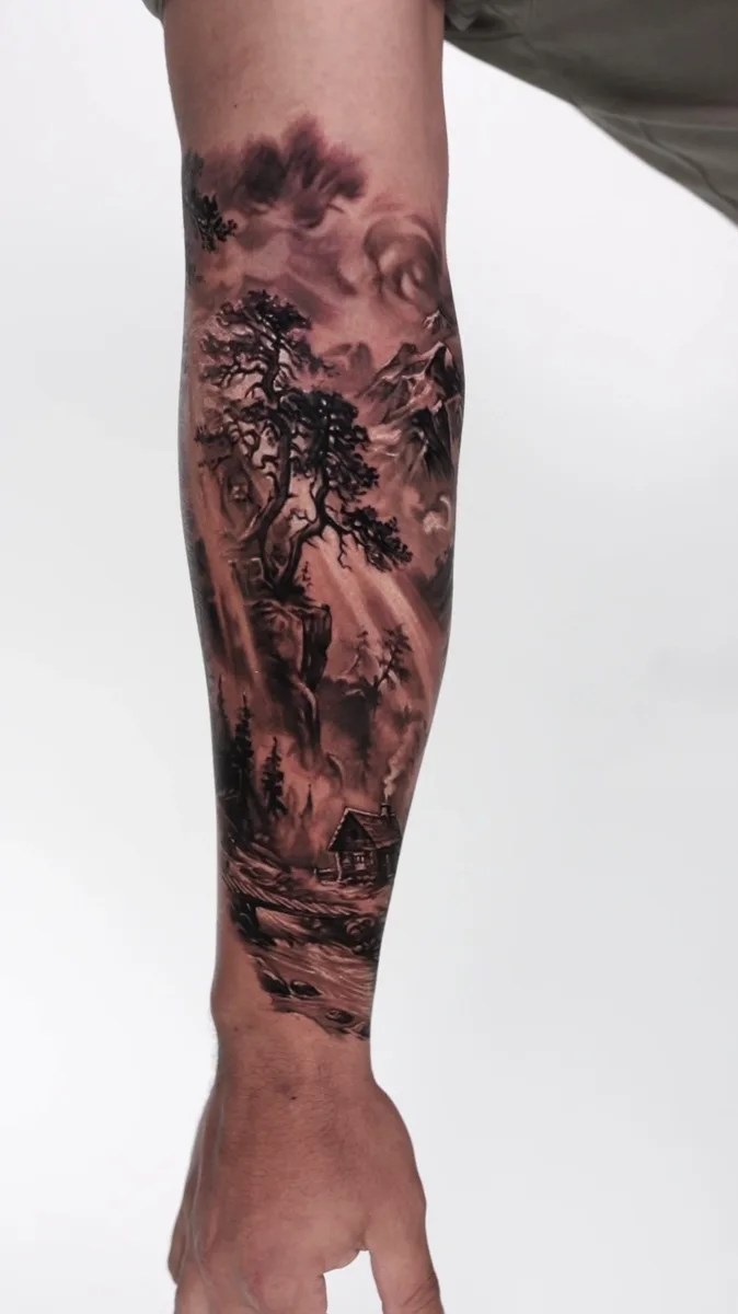 Landscape mountain cabin sleeve tattoo by Ramon Rodrigo