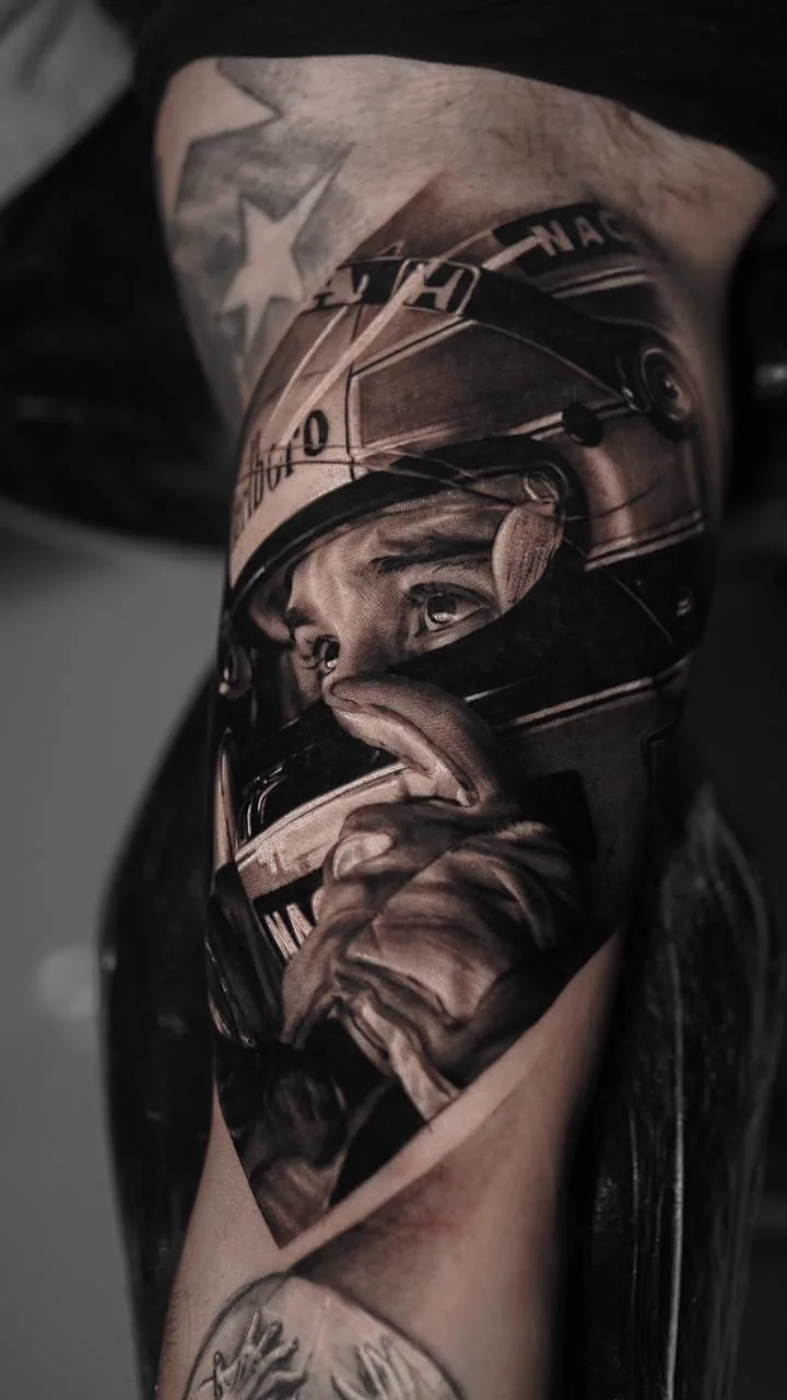 Ayrton Senna racing helmet portrait tattoo by Ramon Rodrigo