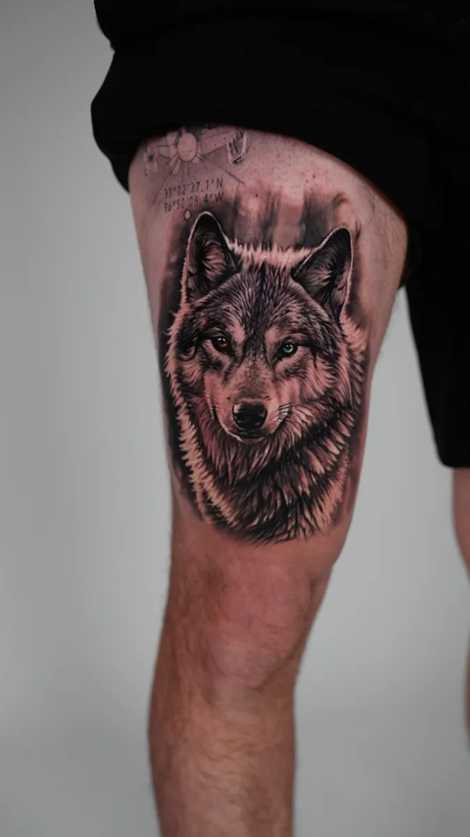 Wolf portrait forearm tattoo by Ramon Rodrigo